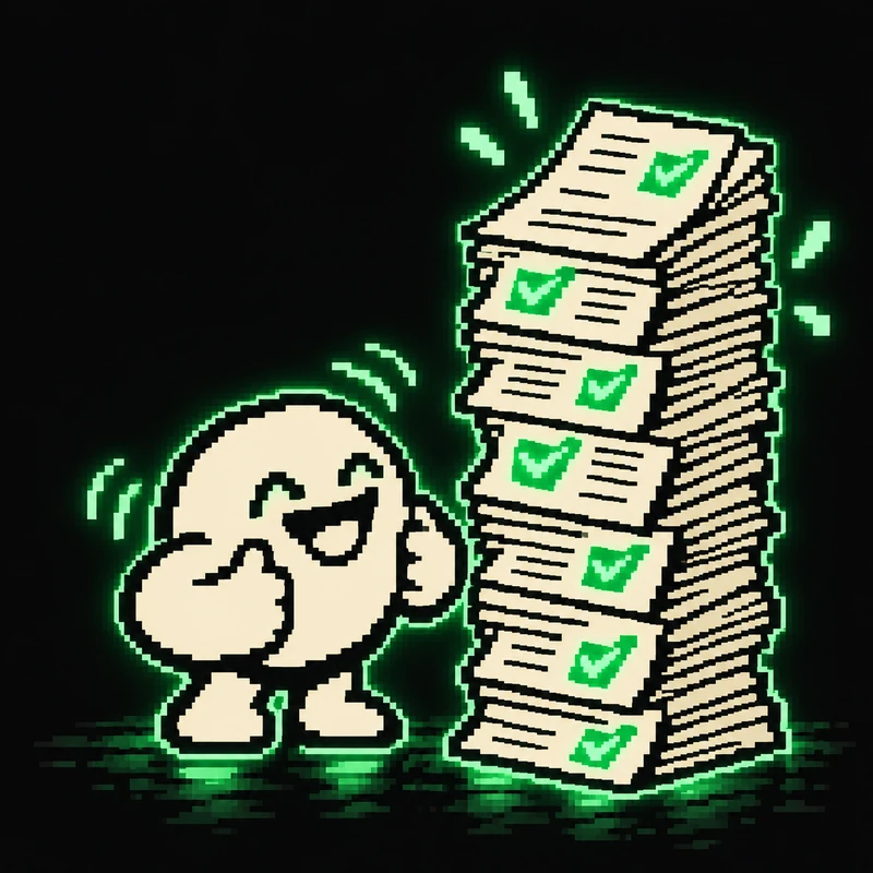 The agent nodding at a tall stack of documents, every page already stamped with a green check