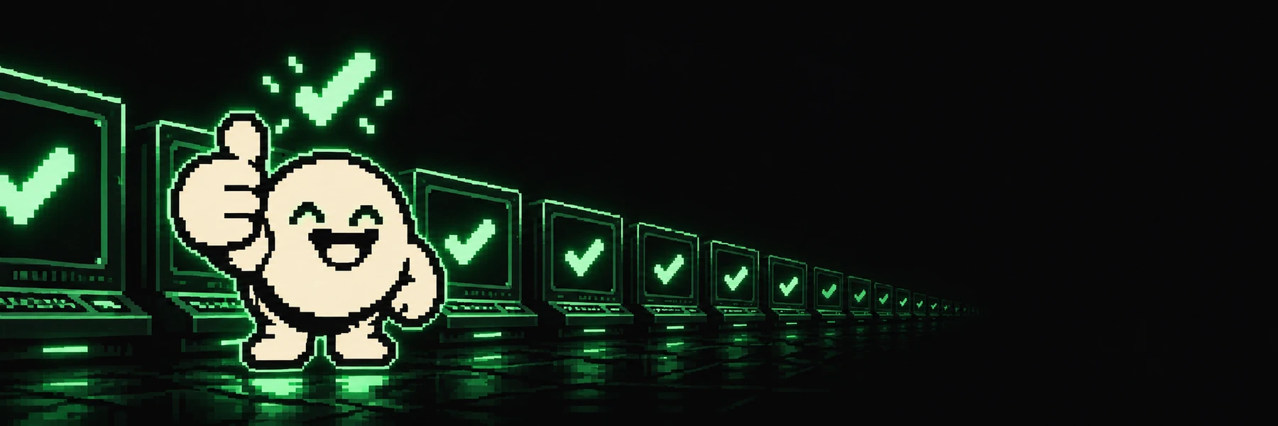The agent in front of an endless row of terminals, every screen showing a green check